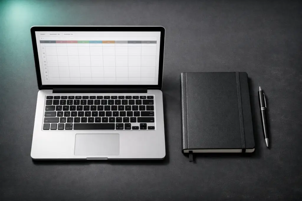 Flat lay workspace showing a laptop with a minimalist spreadsheet planner beside a notebook and pen on a dark desk, representing an AI-powered solopreneur planning system.