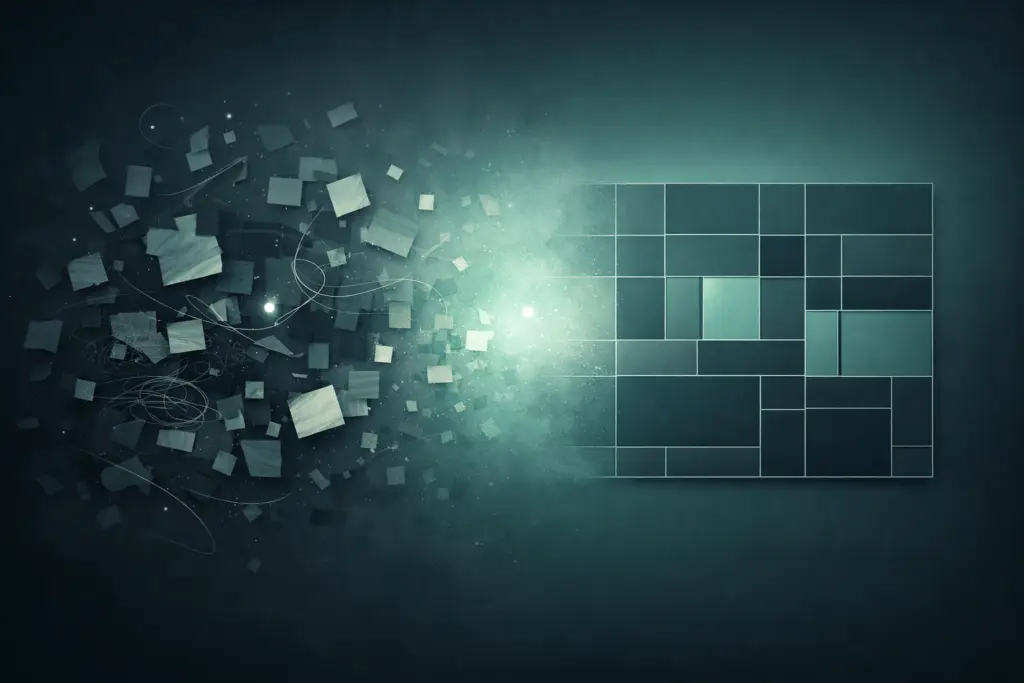 Abstract visual of mental overload transforming into clarity, chaotic notes dissolving into a calm modular grid on a dark charcoal-teal background with subtle mint glow