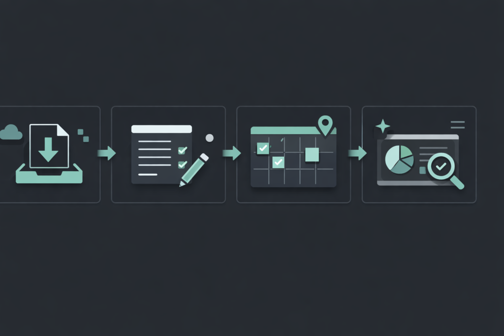 Step-by-step solopreneur workflow illustration showing download, fill, plan, and review process in a minimal dark UI with mint accents