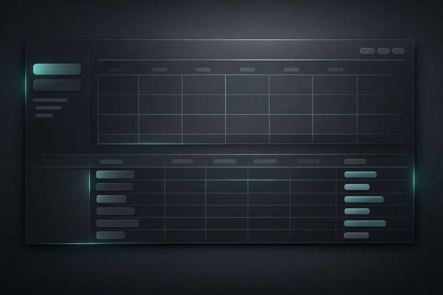 Minimal dark planning dashboard interface with subtle teal glow accents, spreadsheet-style grid layout, and a calm, organized SaaS design on a charcoal background.