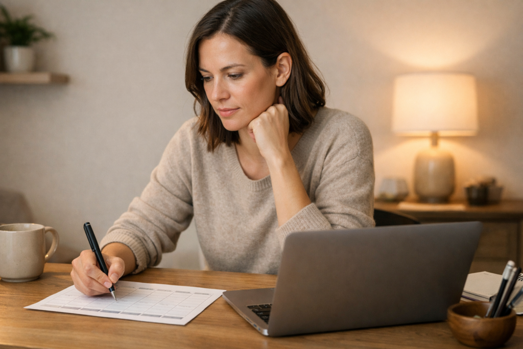 Focused solopreneur working from home with a laptop and planner, representing calm, organized workflow and structured productivity for solo business owners