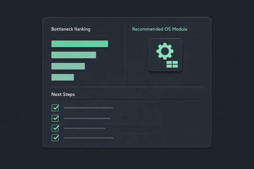Solopreneur Diagnostic results dashboard showing bottleneck ranking, recommended OS module, and next steps checklist in dark mode interface