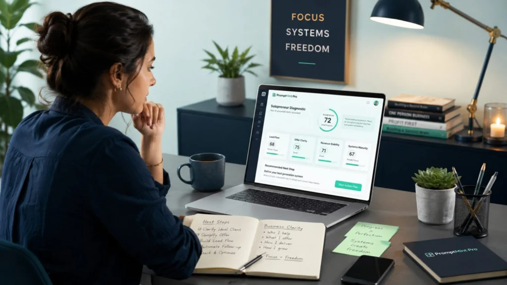 A solopreneur reviewing business clarity notes with the PromptMint Pro dashboard on a laptop.