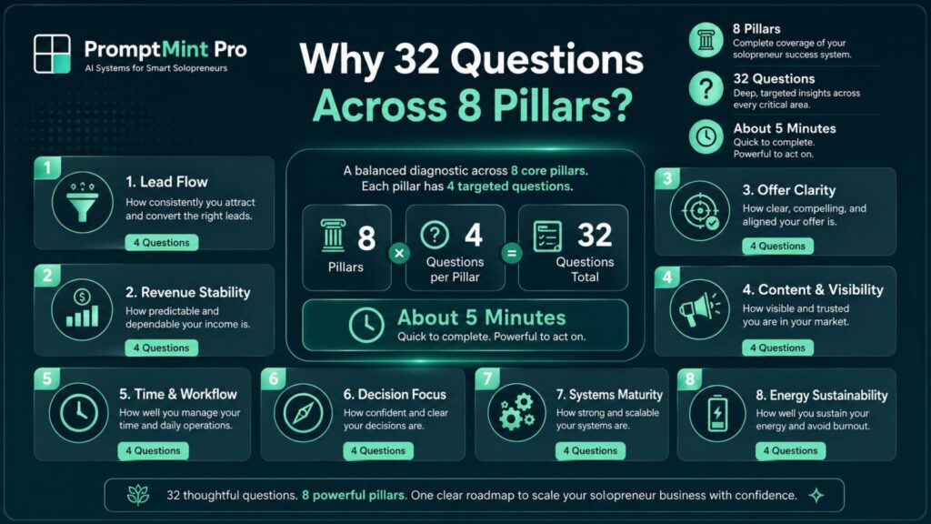 PromptMint Pro infographic showing the 8 pillars of the Solopreneur Diagnostic.