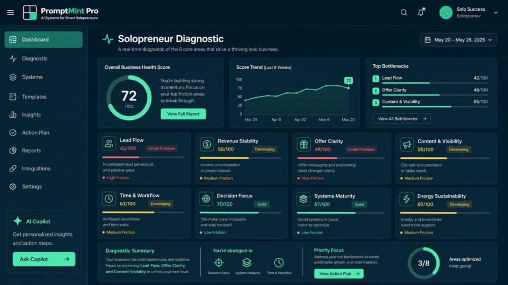 The Solopreneur Diagnostic Dashboard by PromptMint Pro shows 8 business bottleneck areas.