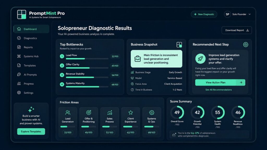 PromptMint Pro Solopreneur Diagnostic results preview showing top business friction areas.