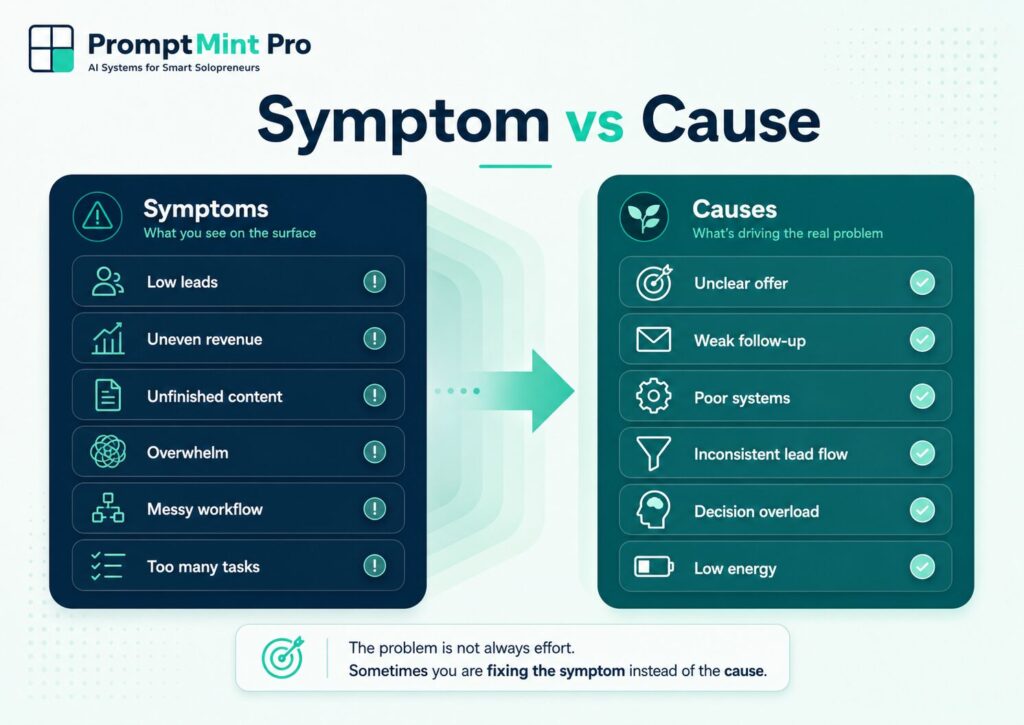 PromptMint Pro symptom versus cause graphic for solopreneur business bottlenecks.