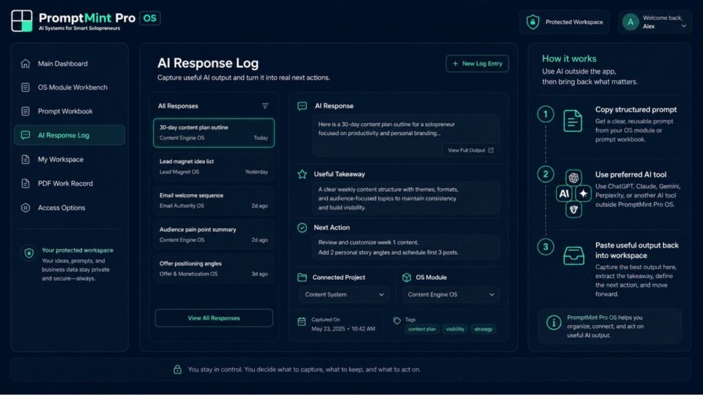 AI Response Log for saving useful AI output inside PromptMint Pro OS