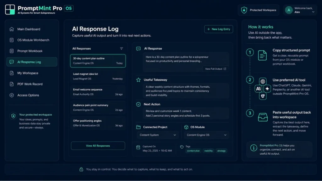 AI Response Log for saving useful AI output inside PromptMint Pro OS
