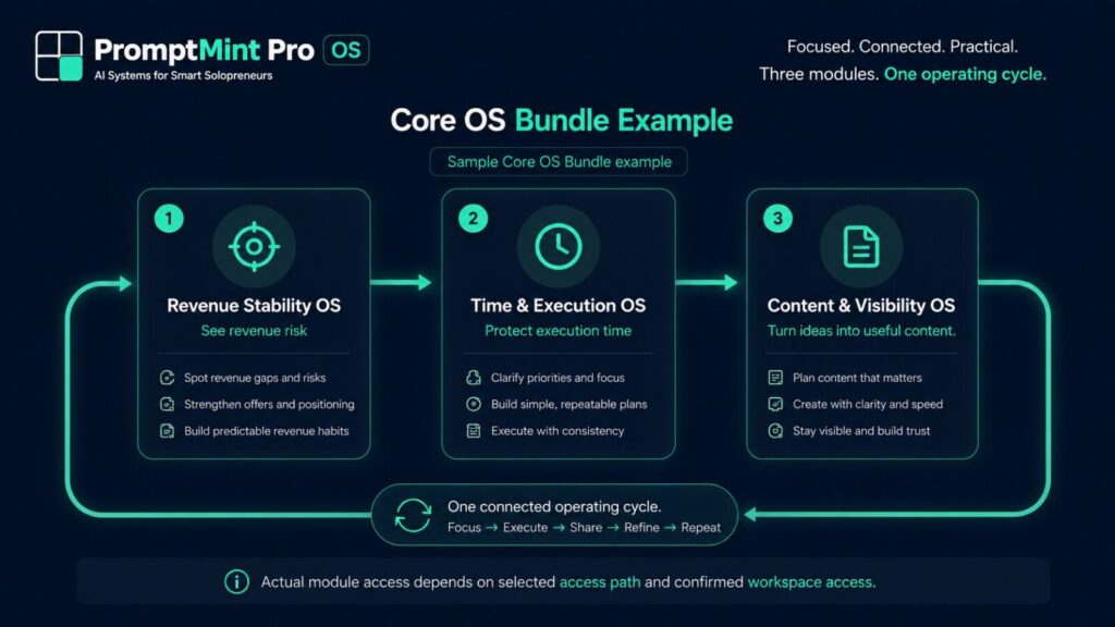 PromptMint Pro Core OS Bundle example with Revenue Stability Time Execution and Content Visibility