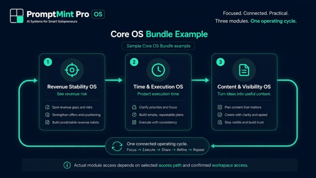 PromptMint Pro Core OS Bundle example with Revenue Stability Time Execution and Content Visibility