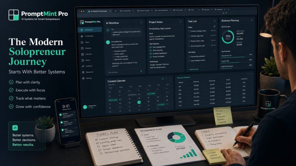 Modern solopreneur journey workspace with AI workflows, notes, tasks, and business systems for solopreneurs.