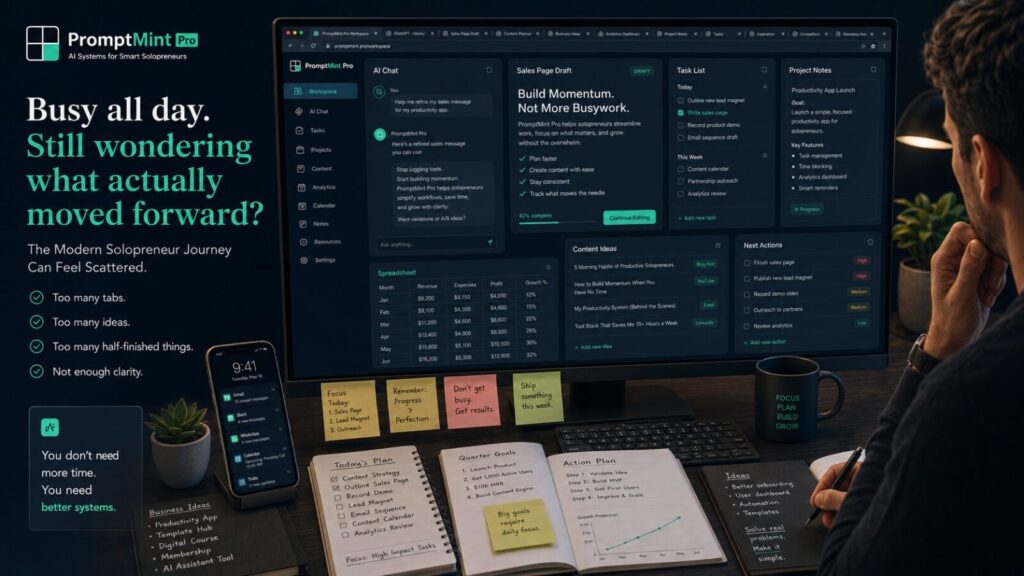 Modern solopreneur journey with open tabs, AI tools, notes, phone notifications, and unfinished business work.