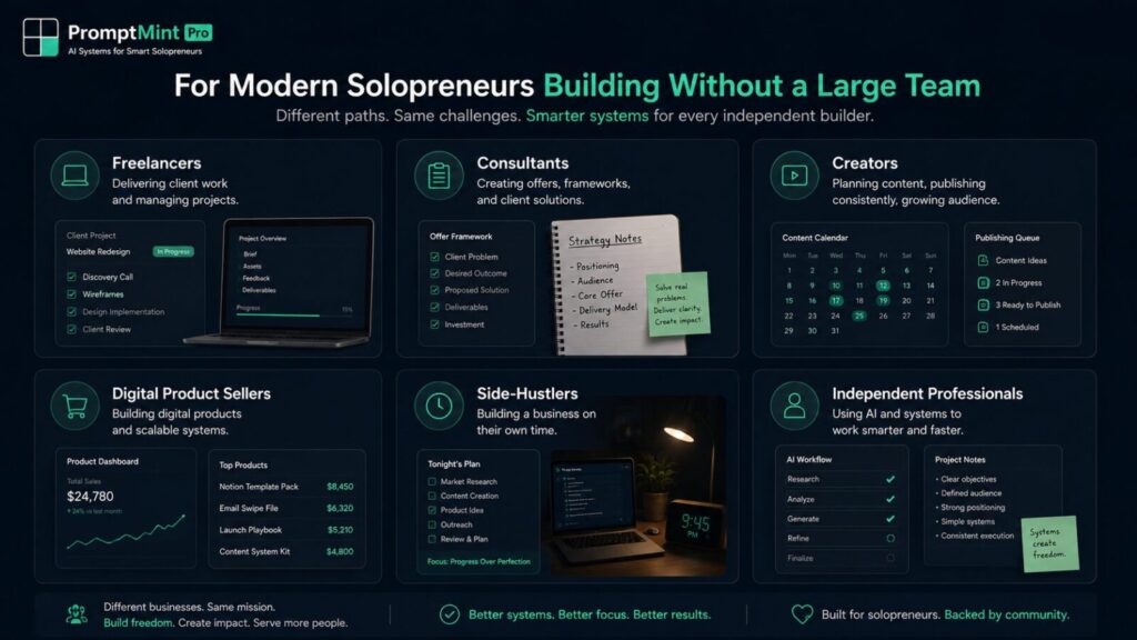 Modern solopreneurs including freelancers, consultants, creators, digital product sellers, side-hustlers, and independent professionals.