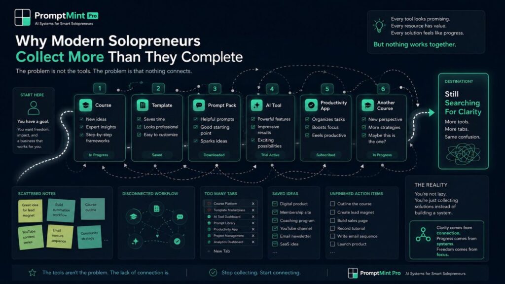 Modern solopreneur journey showing courses, templates, prompt packs, AI tools, and productivity apps creating disconnected business systems.