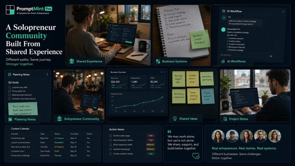 PromptMint Pro solopreneur community sharing experiences, business systems, planning, and AI-assisted workflows.