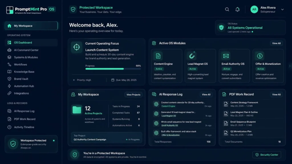 PromptMint Pro solopreneur OS protected workspace preview