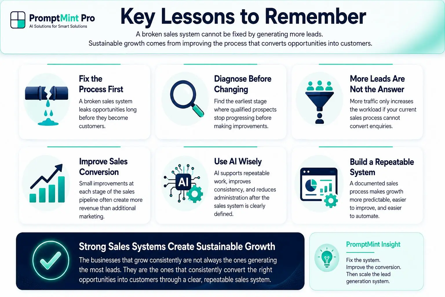 Premium editorial infographic summarizing the key lessons about fixing a broken sales system, improving sales conversion, and using AI effectively within a structured sales process