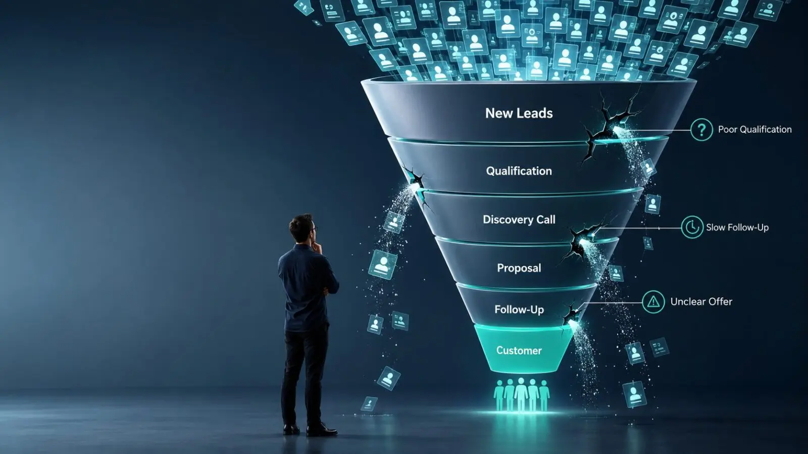 Broken sales system shown as a leaking sales pipeline where new leads escape before becoming customers