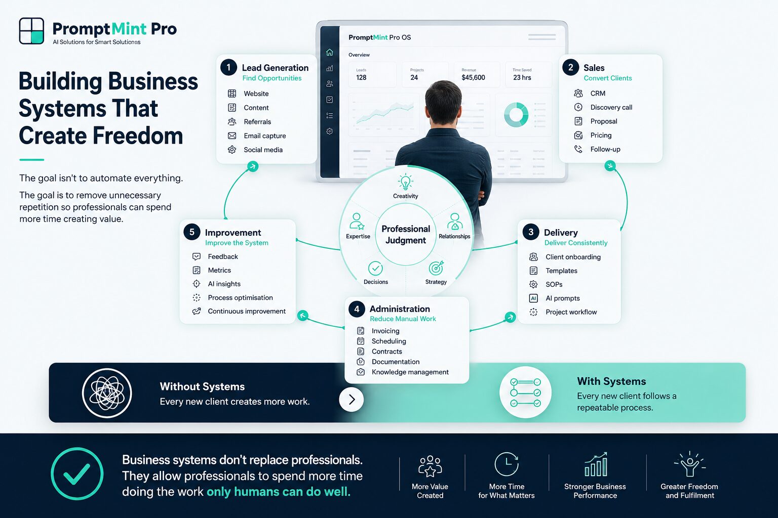 Professional operating a calm and organised solopreneur business through connected systems for lead generation, sales, delivery, administration and continuous improvement.