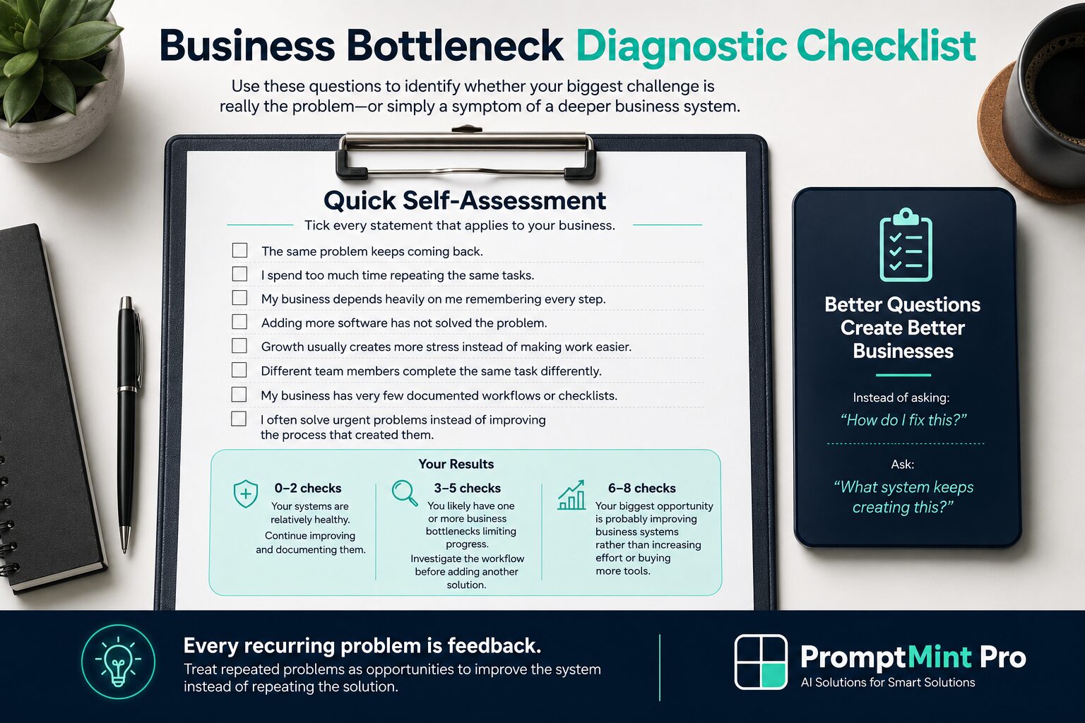 Clipboard-style business bottleneck diagnostic checklist with self-assessment questions to help identify recurring workflow problems, owner dependency, and opportunities for system improvement.