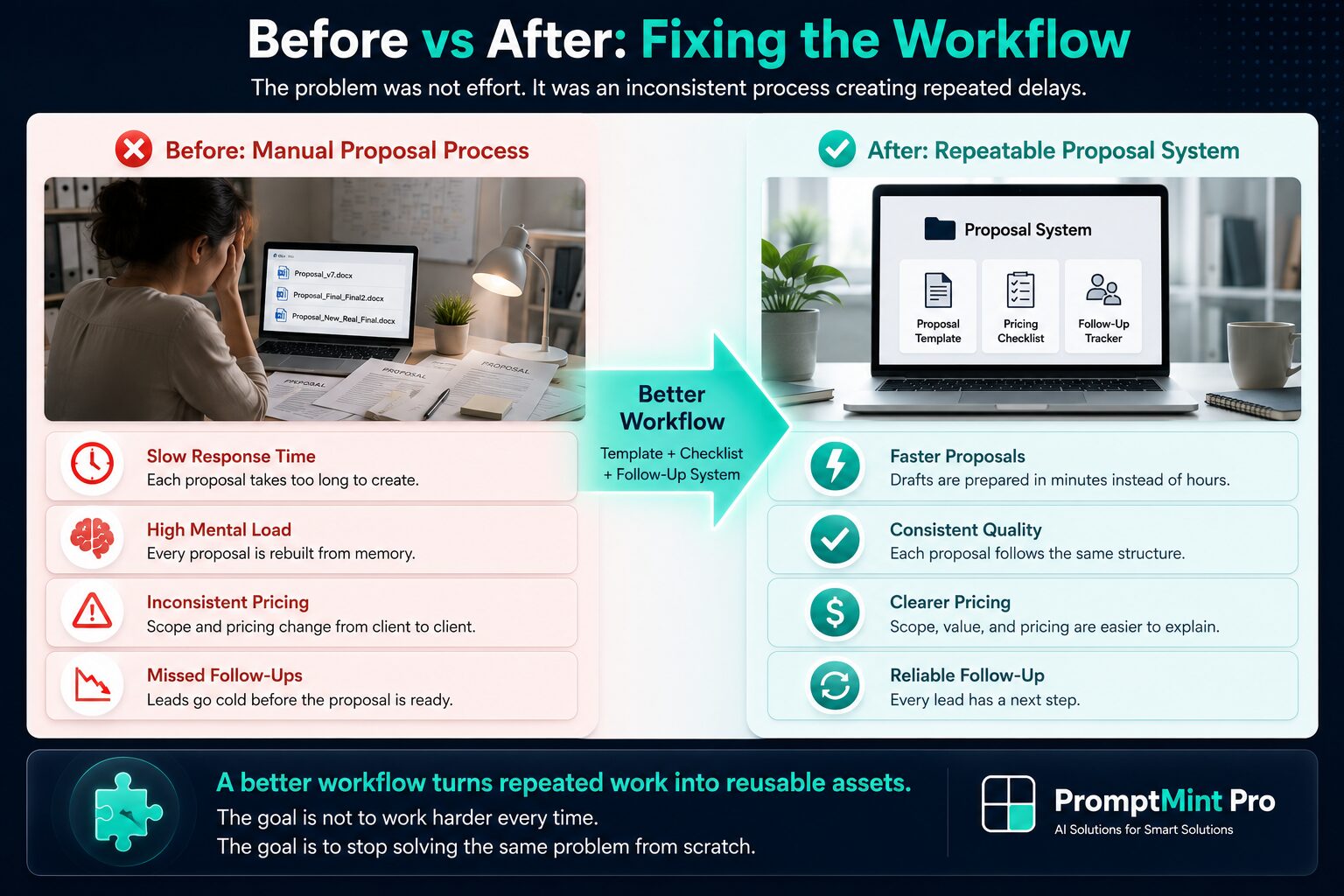 Before and after workflow infographic showing how replacing a manual proposal process with a repeatable proposal system improves speed, consistency, pricing clarity, and follow-up.