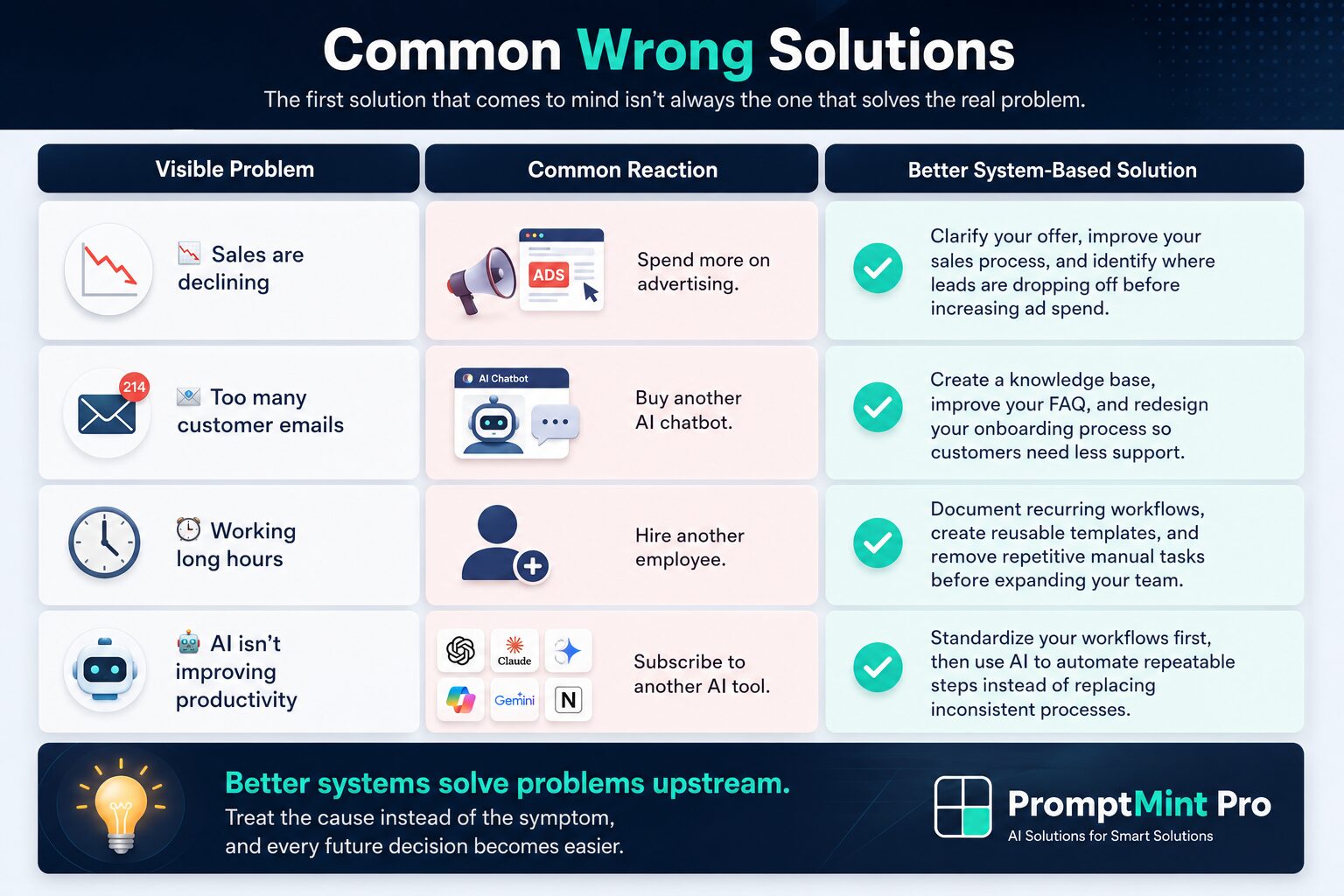 Three-column comparison infographic illustrating visible business problems, common reactions, and better system-based solutions that solve the underlying cause instead of the symptom.