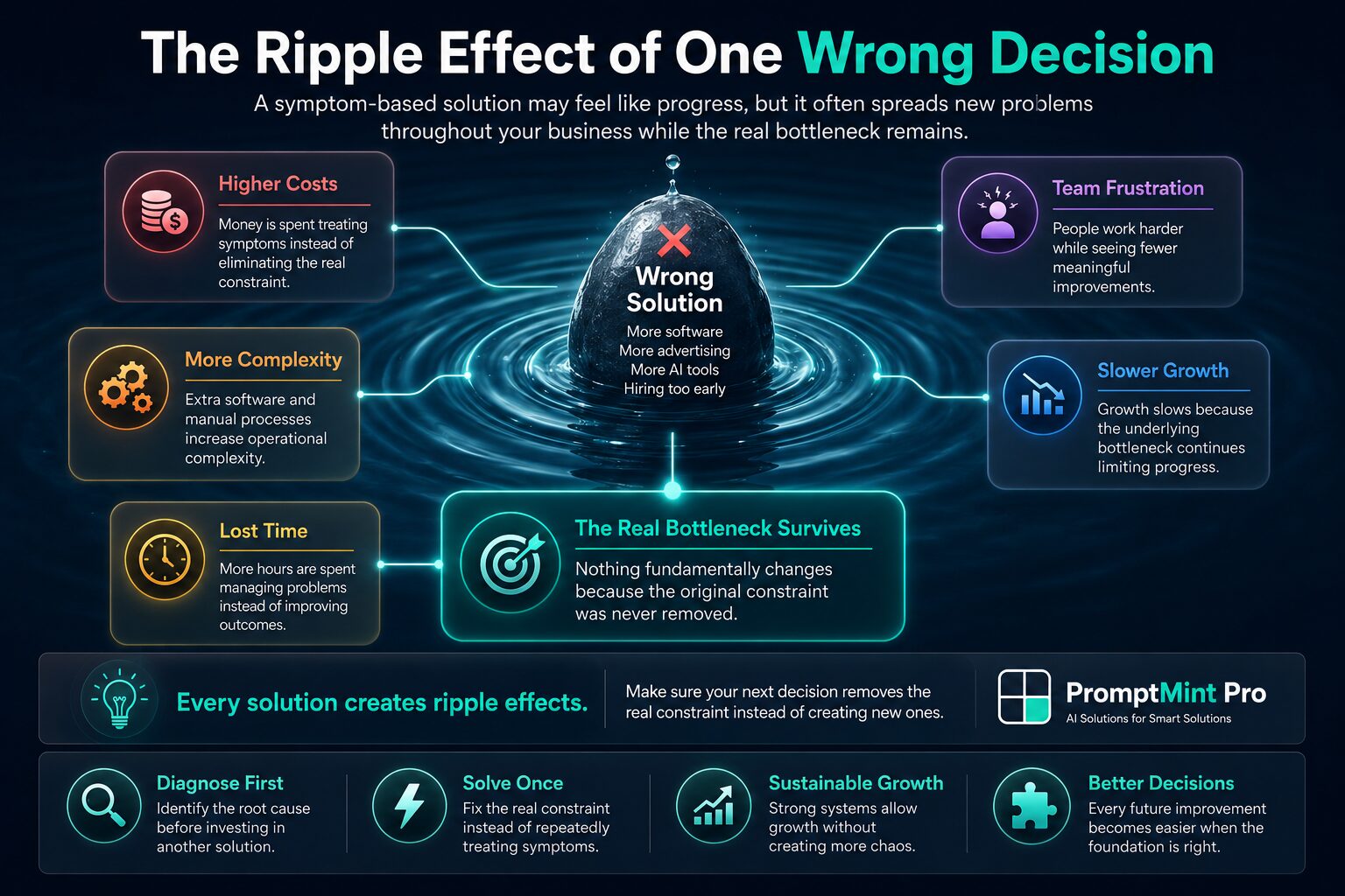 Ripple effect diagram showing how solving the wrong business bottleneck creates higher costs, greater complexity, lost time, slower growth, and recurring problems.