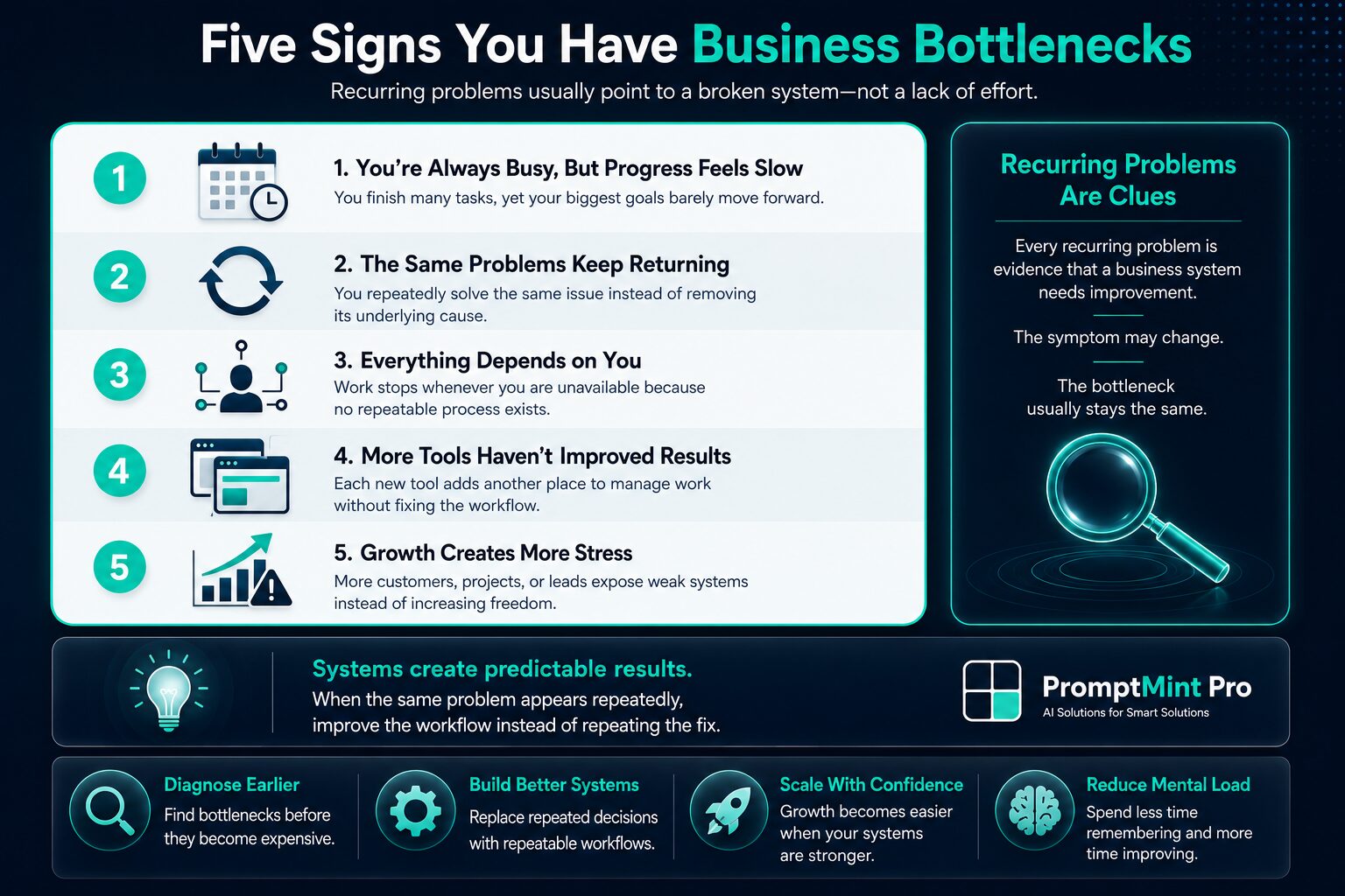 Editorial checklist infographic highlighting five warning signs of business bottlenecks, including slow progress, recurring problems, owner dependency, ineffective tools, and stressful business growth.