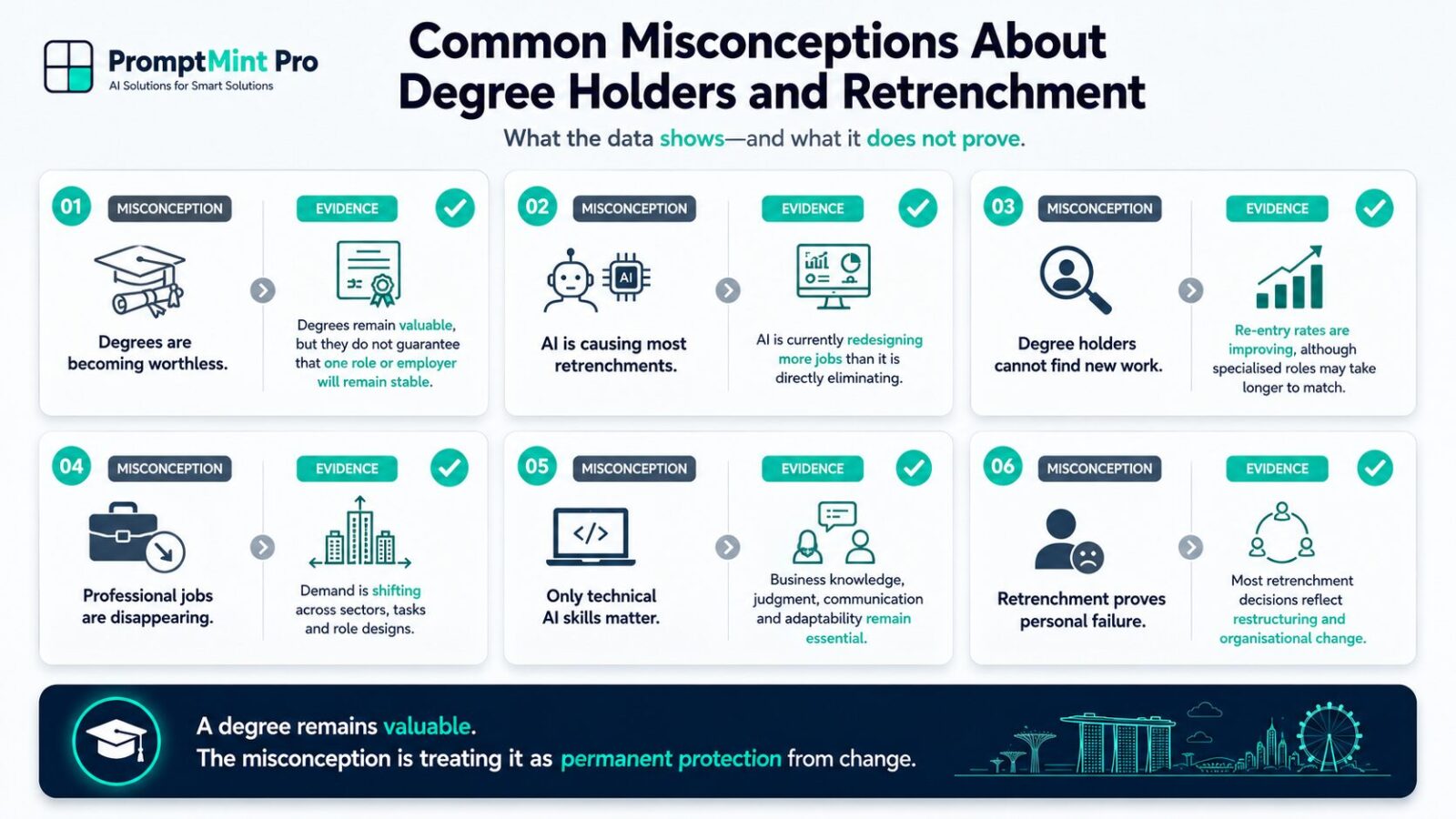 Six common misconceptions about degree holders, retrenchment, AI and career resilience compared with evidence-based conclusions