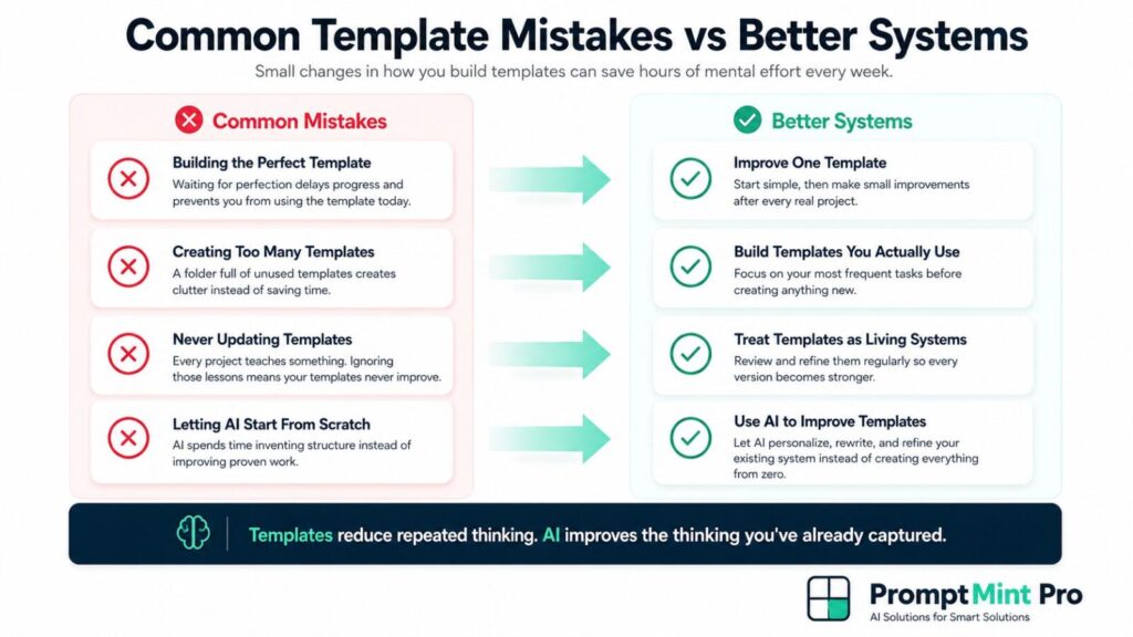 Comparison infographic showing four common template mistakes alongside four better business system practices, illustrating how reusable templates and AI work together to improve productivity and reduce mental effort.