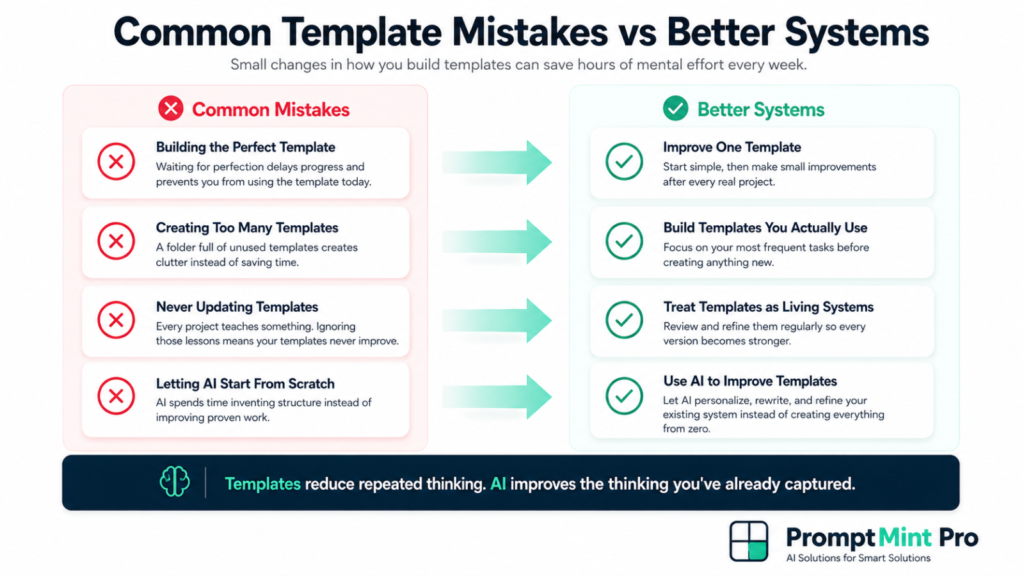 Comparison graphic showing common AI prompt-template mistakes versus better business systems for solopreneurs, including clear inputs, reusable workflows, review steps, and measurable outcomes.