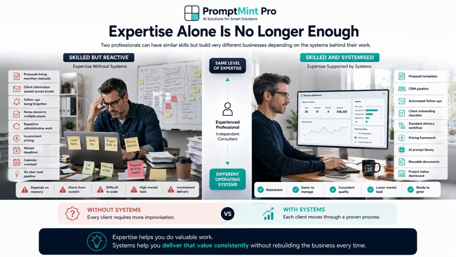 Comparison between two equally skilled consultants, where one relies on memory and manual work while the other uses business systems, templates, automation and repeatable workflows.