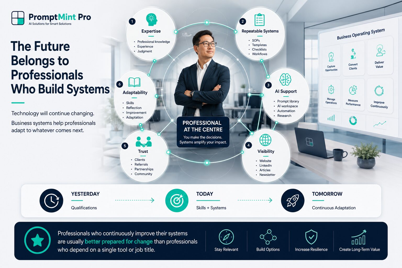 Modern professional leading a connected business operating system that combines expertise, AI assistance, visibility, relationships and repeatable workflows.