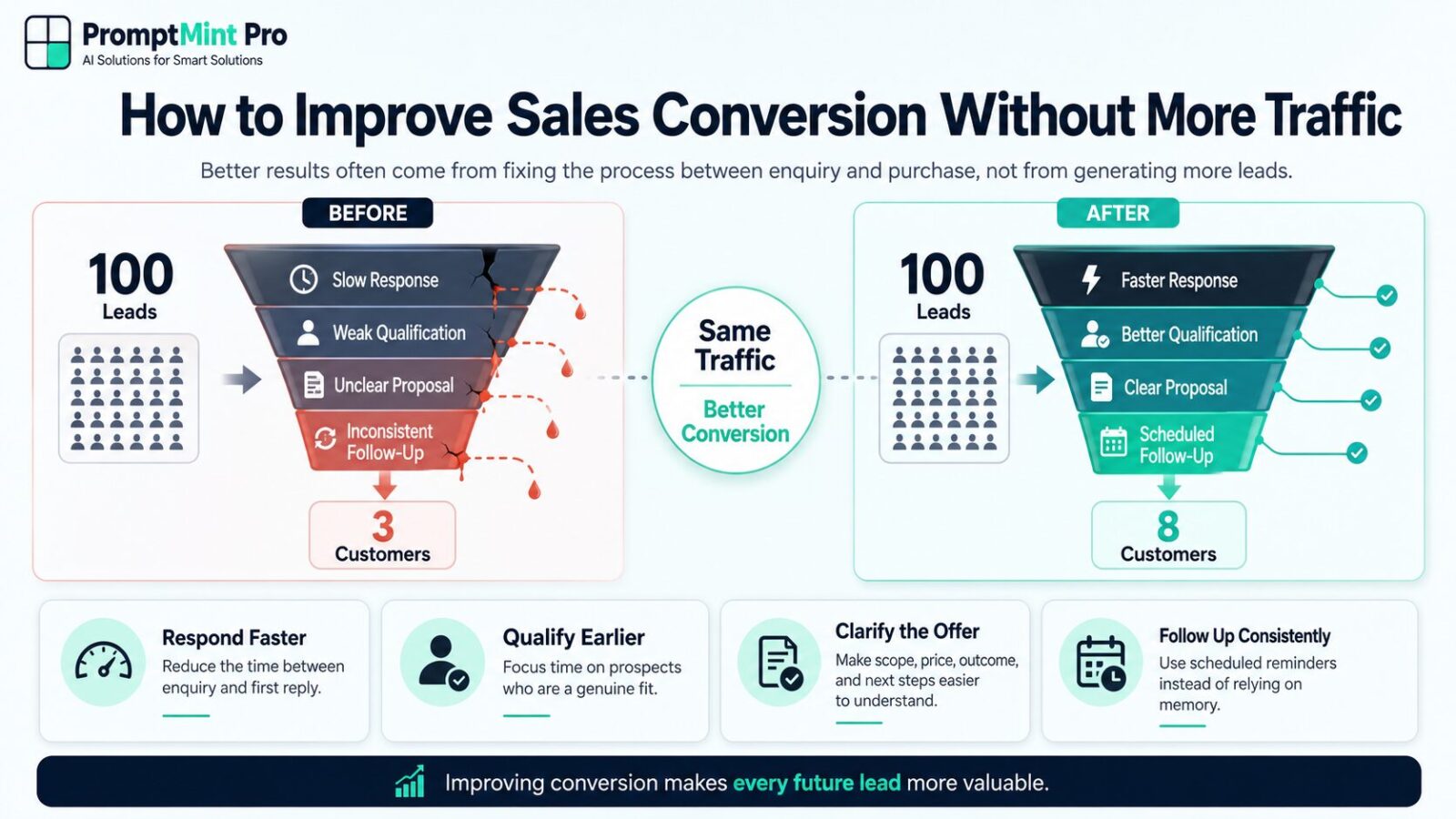Infographic showing how to improve sales conversion using better qualification, faster response, clearer proposals, and consistent follow-up without increasing traffic