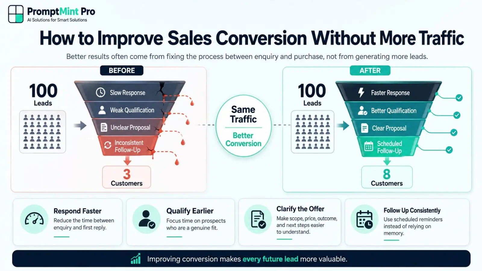 Infographic showing how to improve sales conversion using better qualification, faster response, clearer proposals, and consistent follow-up without increasing traffic