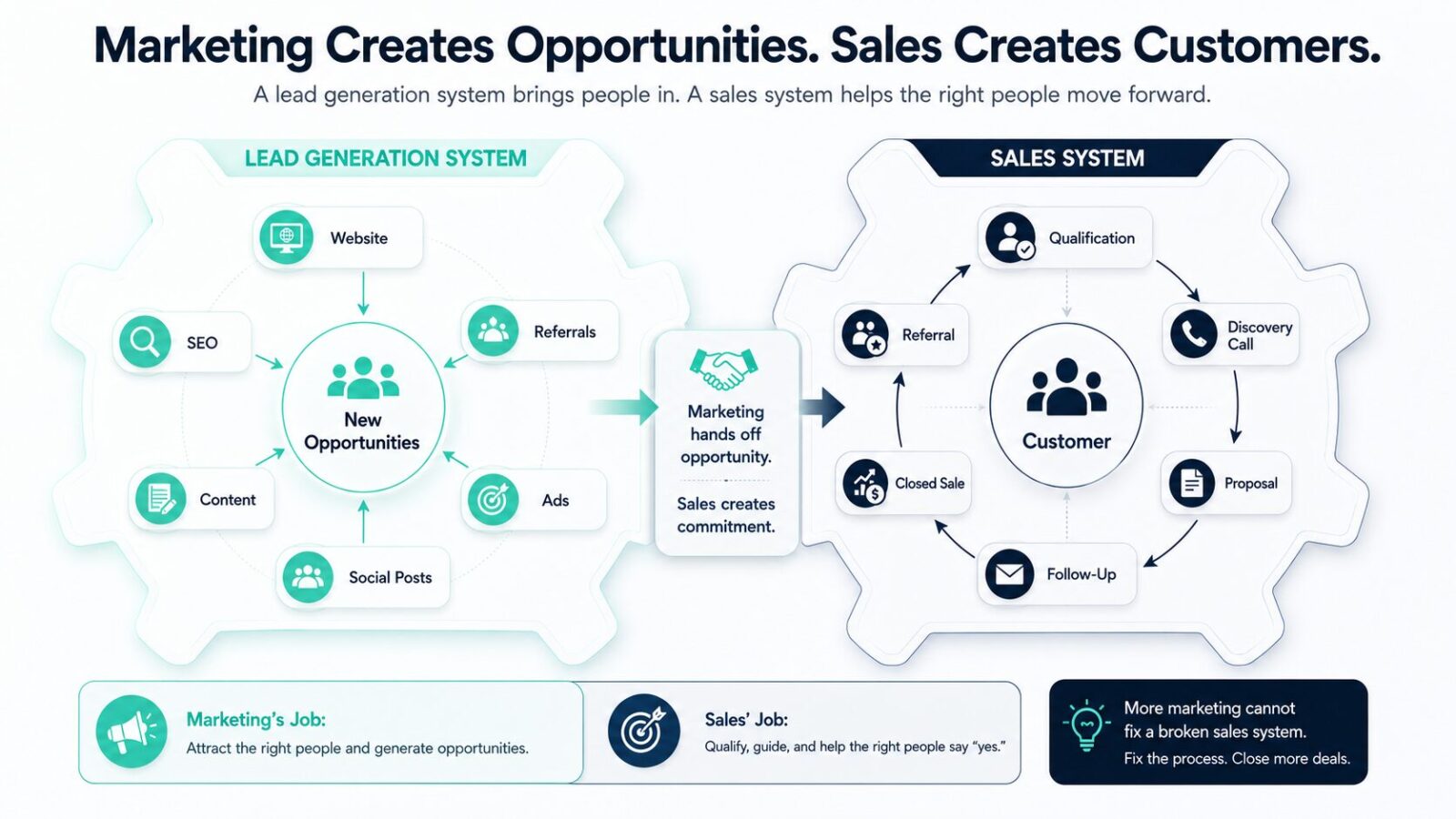 Infographic comparing a lead generation system that creates opportunities with a sales system that converts leads into customers
