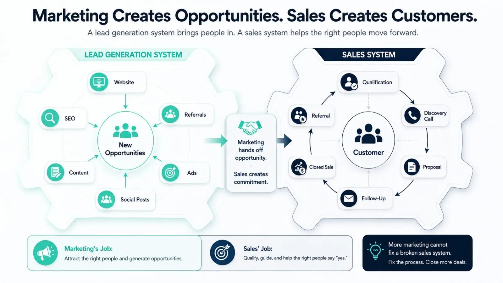 Infographic comparing a lead generation system that creates opportunities with a sales system that converts leads into customers