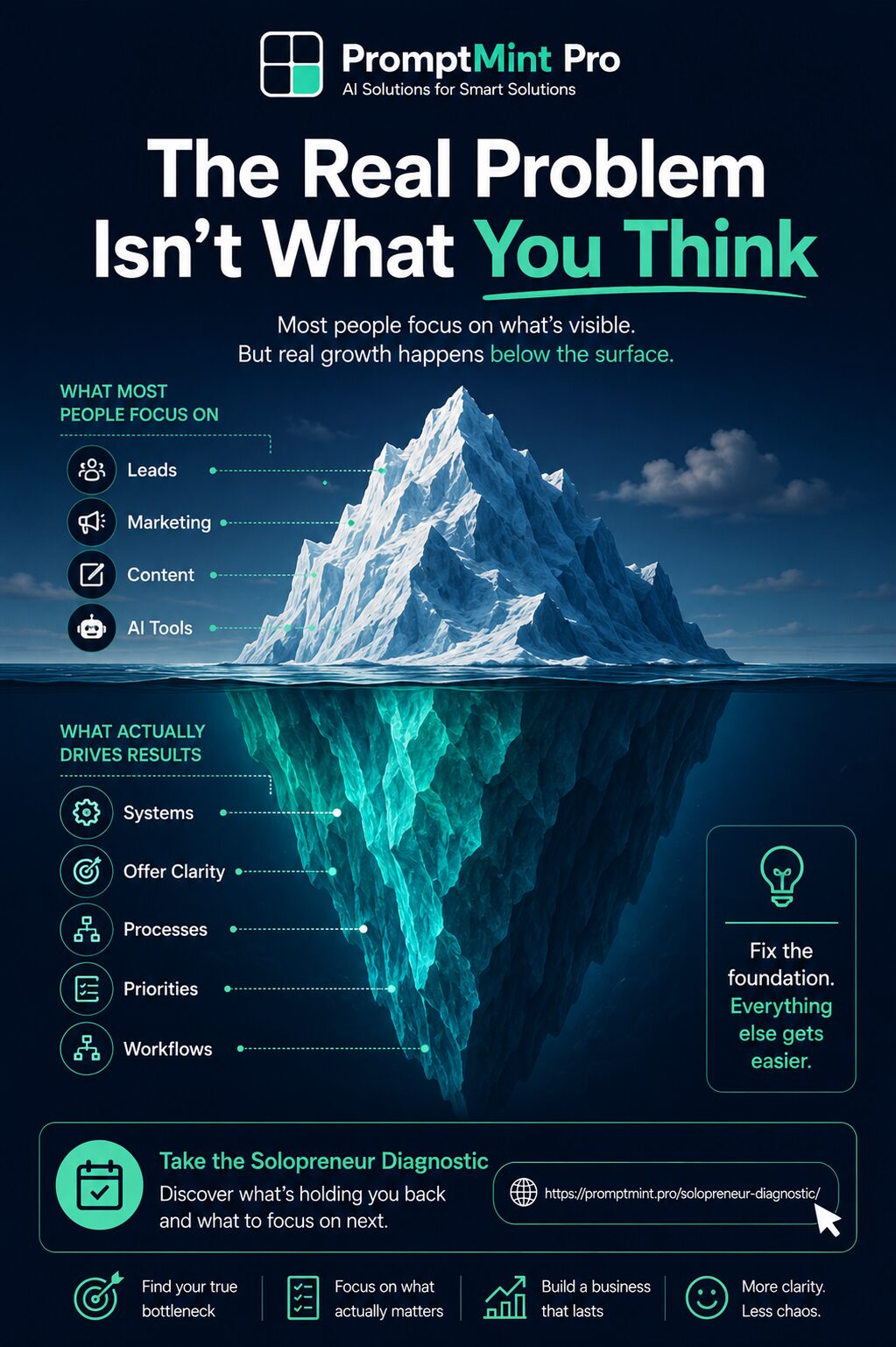 Iceberg diagram showing that business bottlenecks are often hidden below the surface, where systems, workflows, and processes have the greatest impact on business growth.