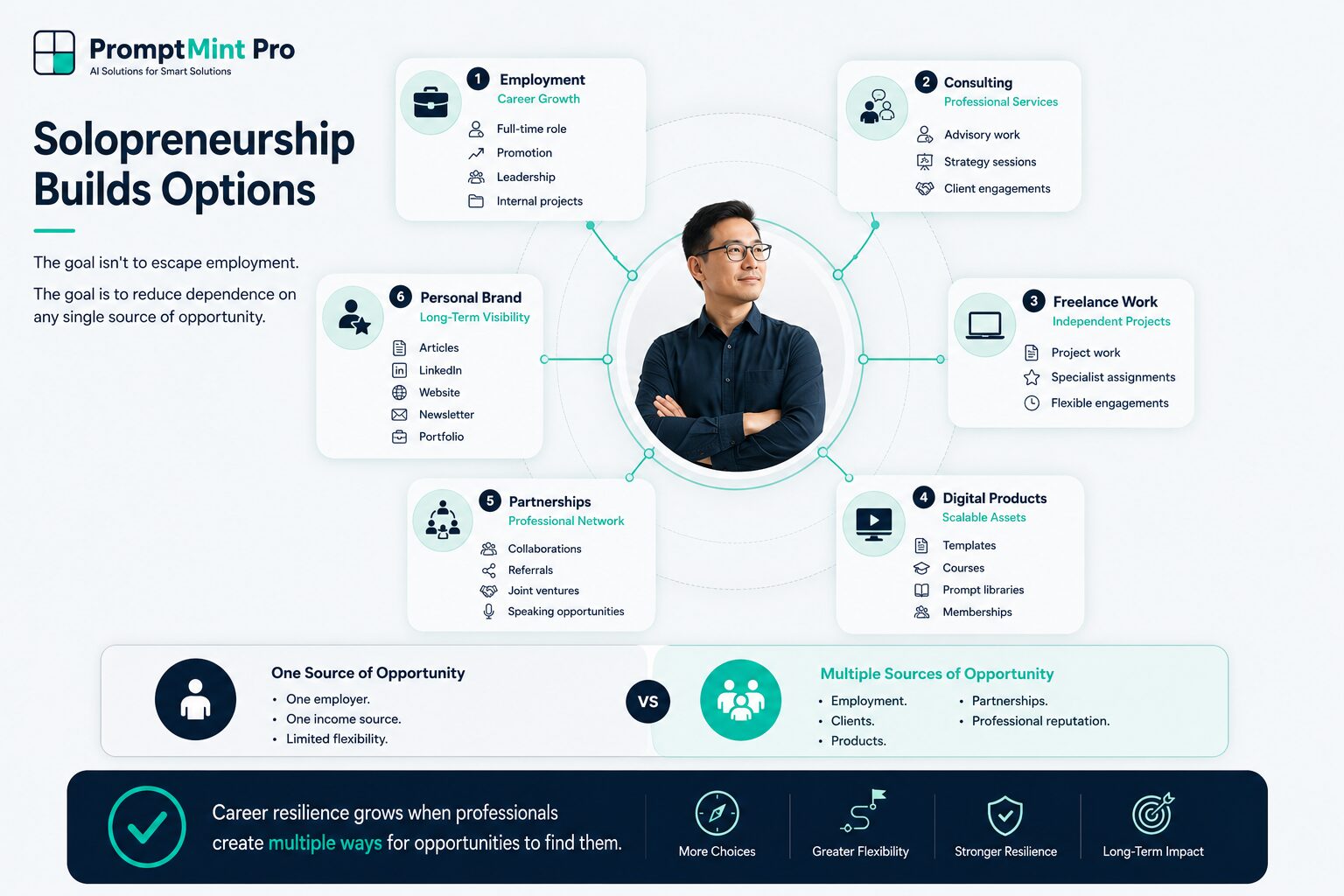 Professional standing at a career crossroads with connected opportunities including employment, consulting, freelance work, digital products, partnerships and a personal brand.