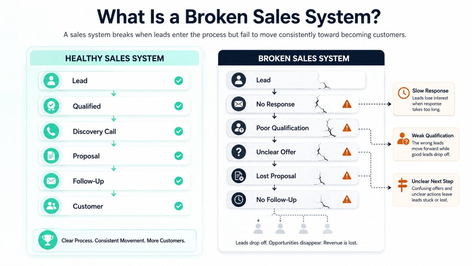 Comparison infographic showing a healthy sales system beside a broken sales system with lost leads and missed follow-up