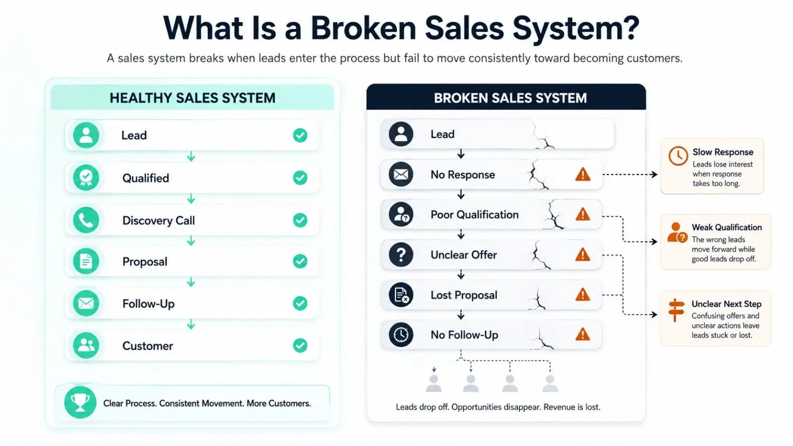 Comparison infographic showing a healthy sales system beside a broken sales system with lost leads and missed follow-up