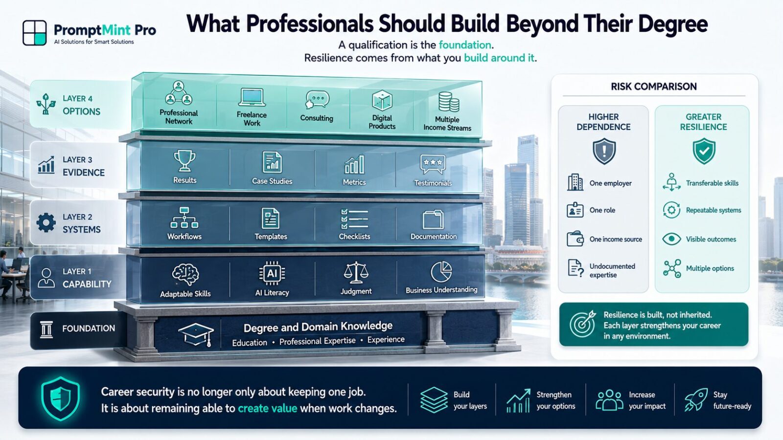 Career resilience framework showing adaptable skills, AI literacy, work systems, evidence of value and multiple income options
