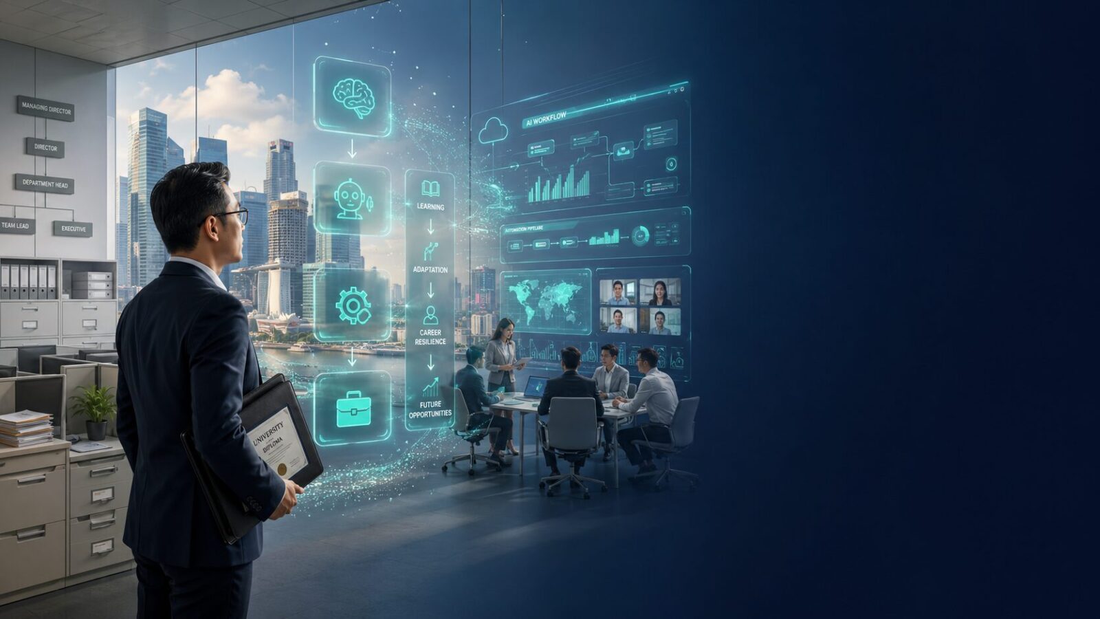 Professional degree holder observing an AI-enabled workplace transformation in Singapore