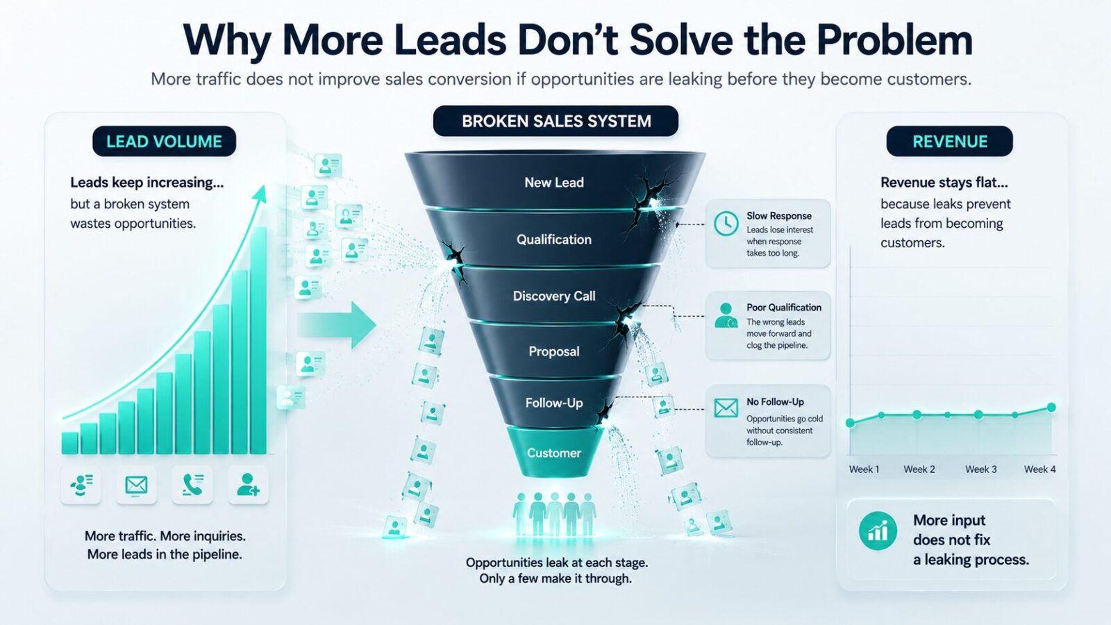 Infographic showing more leads entering a broken sales system while revenue stays flat because prospects leak from the sales process