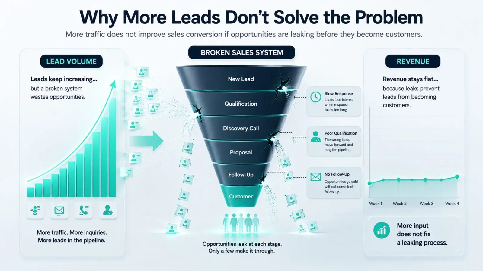 Infographic showing more leads entering a broken sales system while revenue stays flat because prospects leak from the sales process