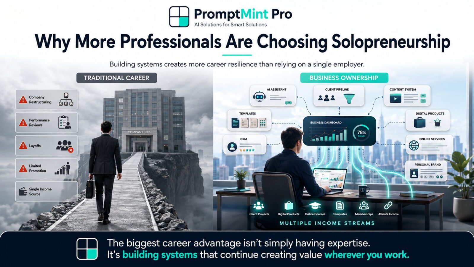 Professional moving from a traditional career toward a solopreneur business supported by AI tools and repeatable business systems.