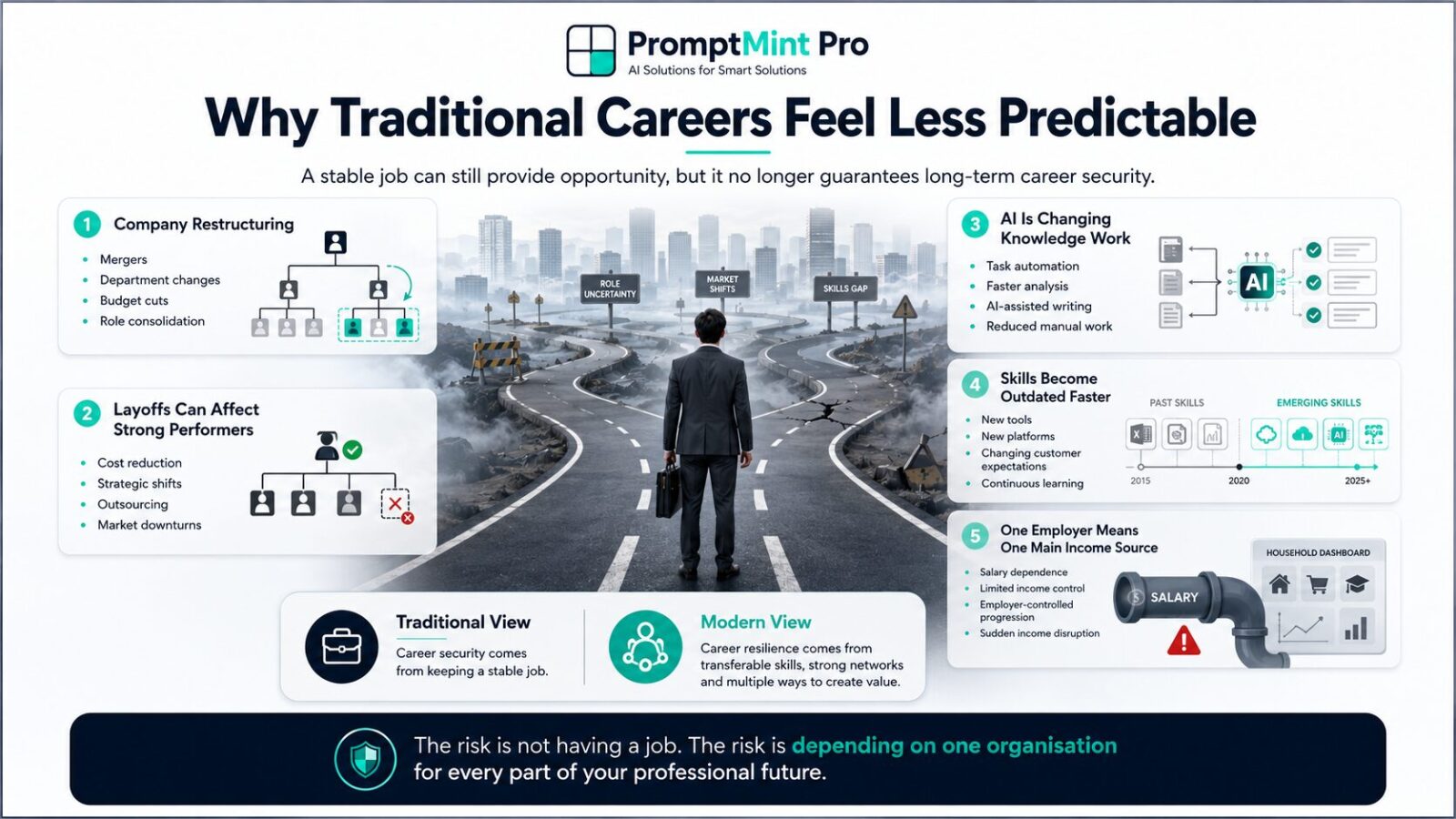 Professional facing an uncertain traditional career path shaped by restructuring, layoffs, artificial intelligence, changing skills and dependence on one employer.