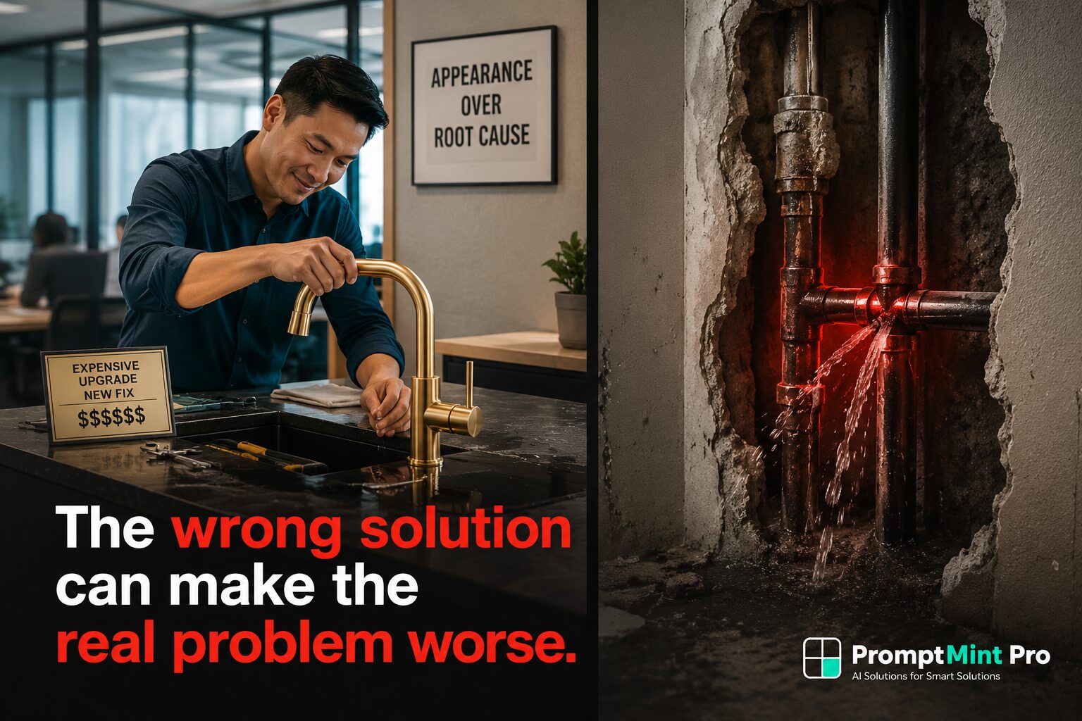 Business bottlenecks illustrated by a business owner replacing a gold faucet while a hidden leaking pipe continues causing the real problem.