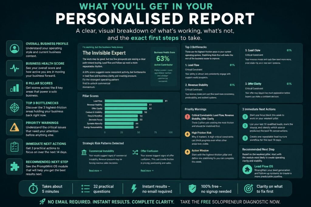 PromptMint Pro Solopreneur Diagnostic personalised report preview showing business health score, 8 pillar scores, top bottlenecks, priority warnings, and recommended next steps.